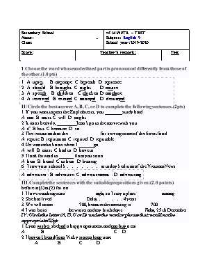 Đề kiểm tra 45 phút môn Tiếng Anh Lớp 9 - Năm học 2019-2020